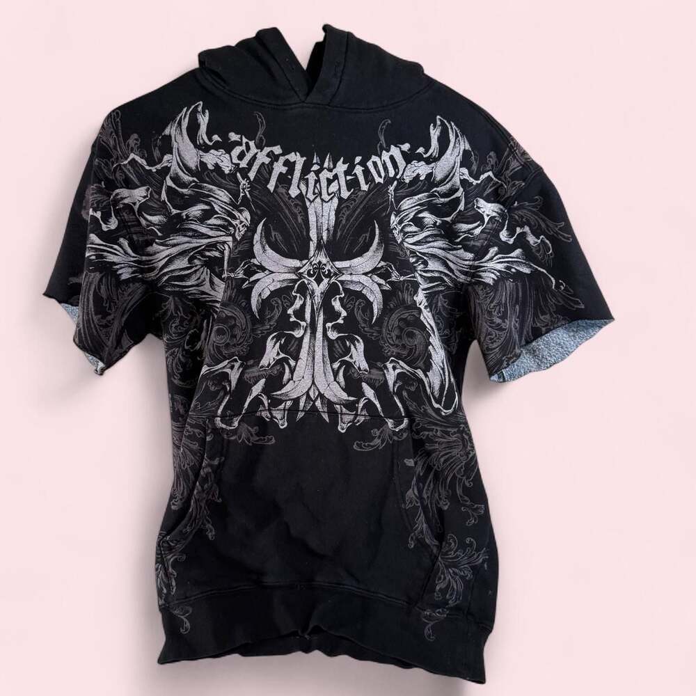 Affliction Short Sleeve Graphic Hoodie Black Size S